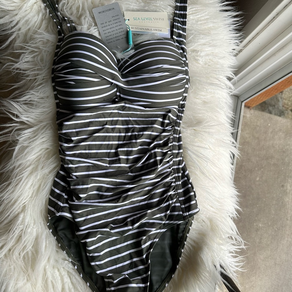 Sea Level Twist Front Multifit One-Piece Swimsuit Green & White Striped - Picture 2 of 7